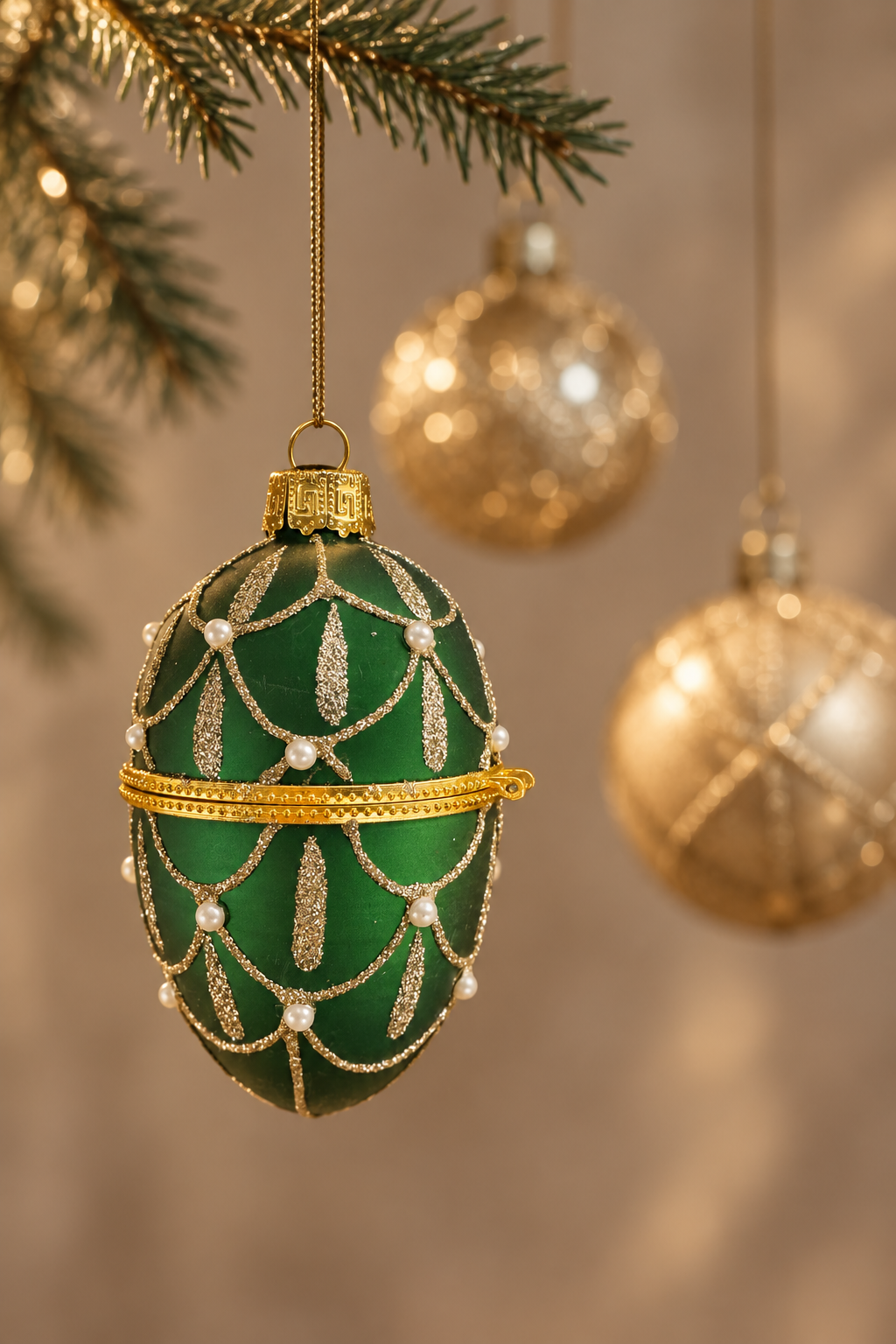 Grøn julekugle med perledetaljer
